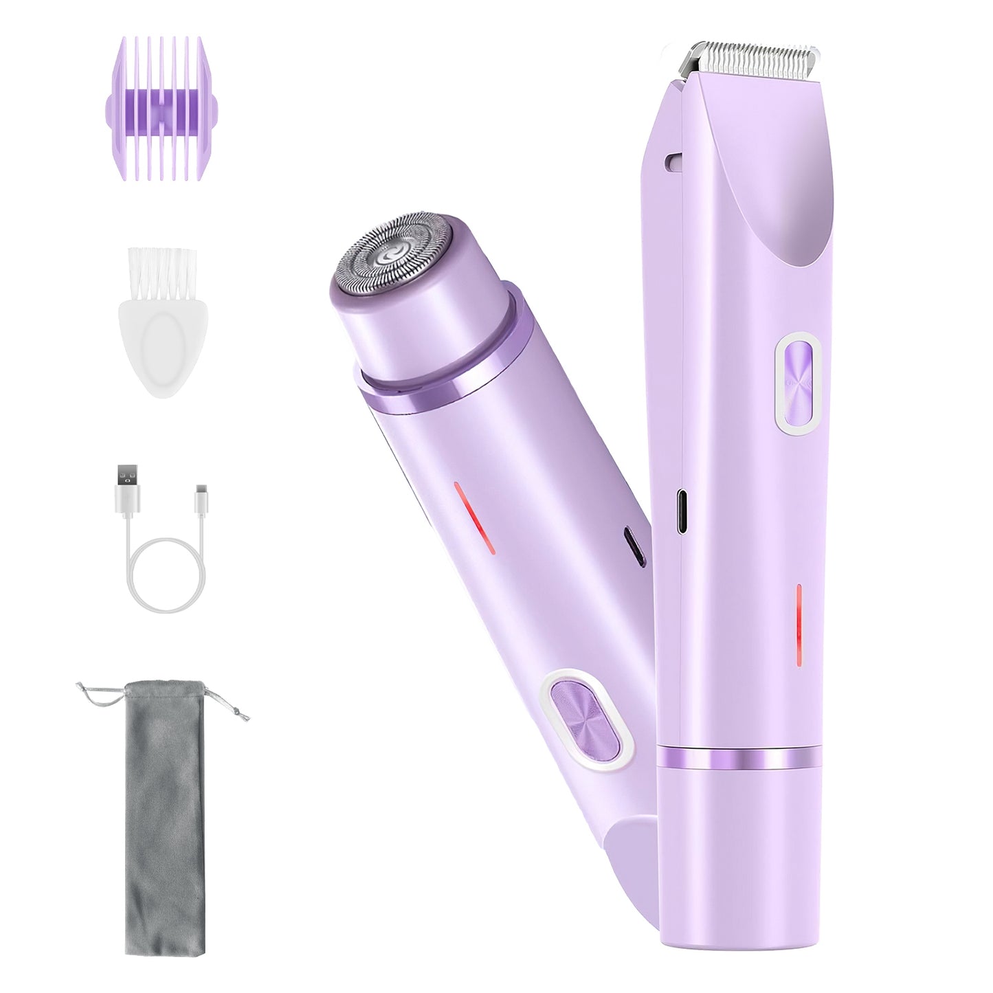 1Pc 2 In 1 Bikini Trimmer For Women Dual Head Cordless Body Shaver IPX7 Waterproof Rechargeable Pubic Hair Razor Wet And Dry Use For Bikini Underarm Leg Arm Body Face